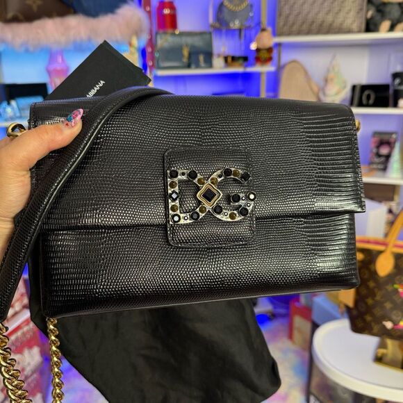 Dolce Gabbana Lizard Black Leather DG Millennials Shoulder Bag